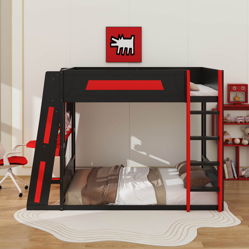 Queen Size Wooden Gaming Bunk Bed With Desk, Shelves,USB And LED Light, Queen Over Queen, Black/Red