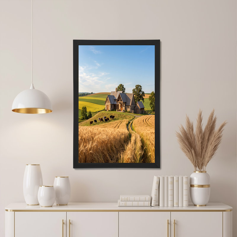 «Stone Farmhouse and Cows in Golden Wheat Field», art mural sur toile, H 24 po x l 36 po