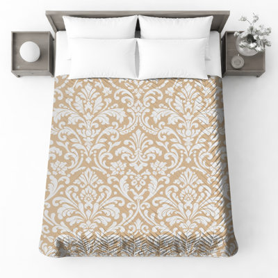 Beige White Damask Quilted Thin Bedspread