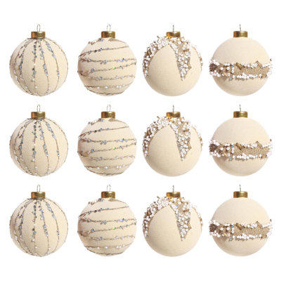 Paquet de 12 boules de Noël floquées et perlées décoratives pour arbre de Noël