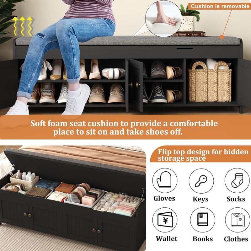 Banc à chaussures 54,4 po avec rangement à plateau relevable, banc de rangement pour hall d'entrée avec siège rembourré et 4 portes