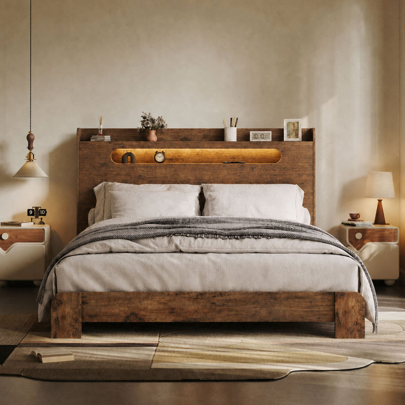 Très grand lit double très grand King Boho avec 2 prises USB et lumière RVB Mid-Century, Très grand lit