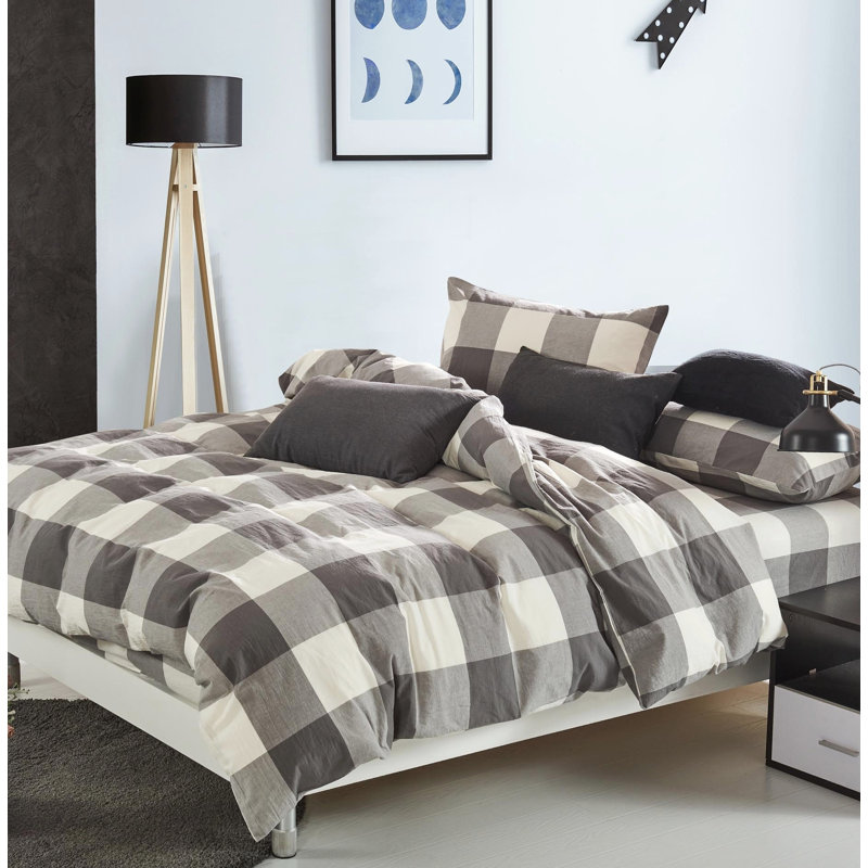 Ensemble de housse de couette en coton 3 pièces Gingham, Housse de couette pour très grand lit et 2 très , Gris