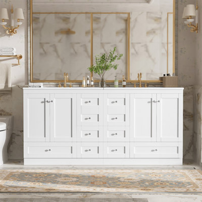 Meuble-lavabo autoportant de 72 po avec lavabo en céramique, tiroirs et portes à fermeture en douceur, design minimaliste moderne, grand espace de rangement