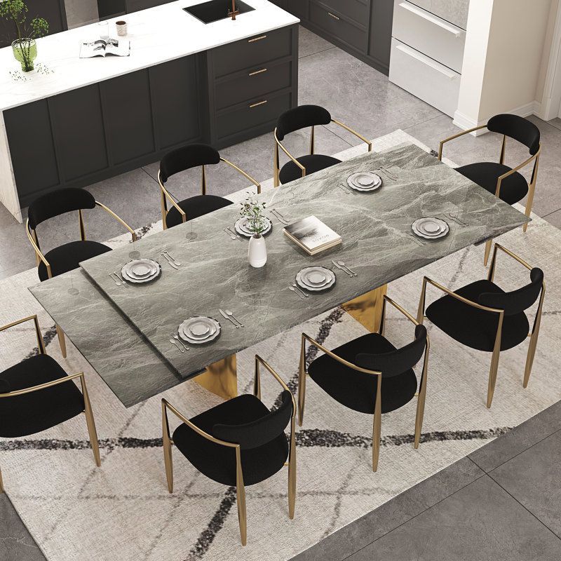 Ensemble de table de salle à manger 9 pièces avec table de salle à manger extensible en fritté de 94,5 po avec 8 chaises en tissu