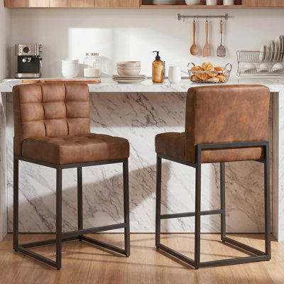 Modern Counter Height Bar Stools Set of 2,25 inch Checkered Wiring Thick Upholstered Barstools with Back Sturdy Metal Legs, Coffee Faux Leather Counter Stools for Kitchen Island (Set of 2)