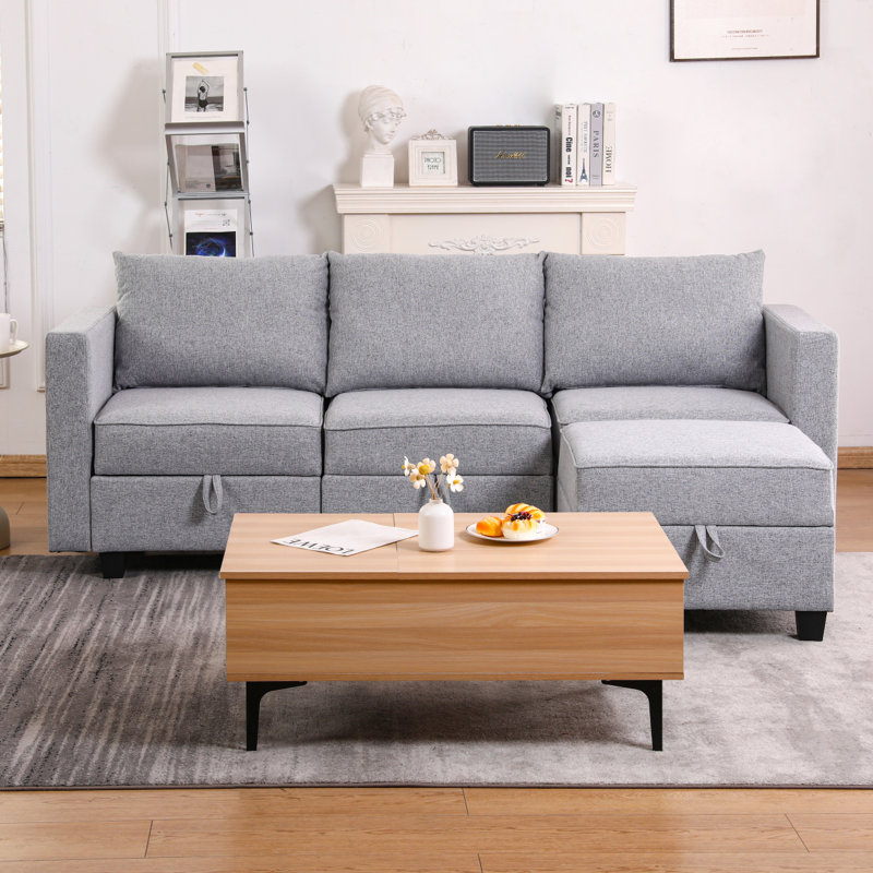 Petit canapé modulaire à 3 places modulaire en L avec canapé-lit modulaire gris clair, Tissu gris pâle