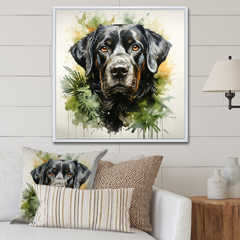 Tropical Labardor Dog Portrait - Art mural chien, Cadre flottant blanc, 16" H x 16" W