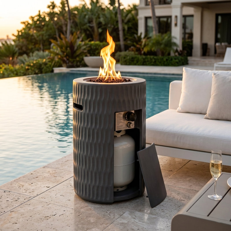Colonne de foyer au propane cylindrique 26 po avec réservoir de rangement dissimulé, foyer au gaz en béton léger de 40 000 BTU pour petit patio et balcon, gris foncé