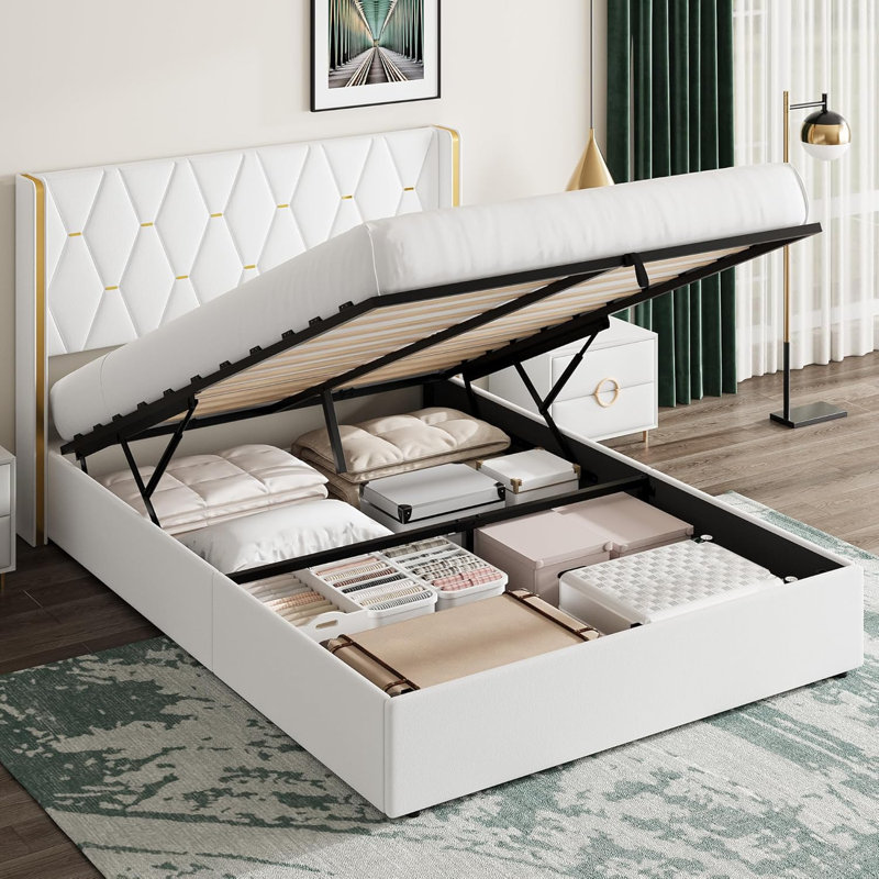 Full/Queen Size Lift-Up Storage Bed Frame, Upholstered with Diamond Tufted Wingback Headboard & Gold Trim, No Box Spring Needed