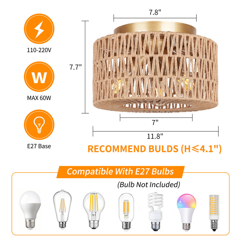 3-Light Flush Mount Ceiling Light Rattan  Drum Fixture Vintage Handwoven Lamp for Living Room Bedroom