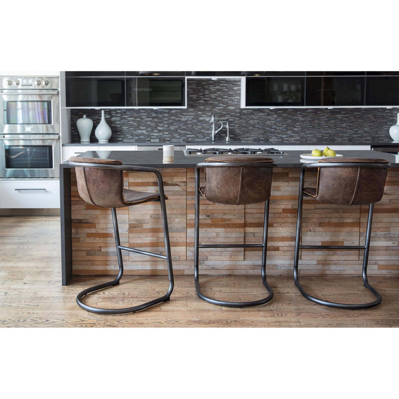 Distressed Whiskey Leather and Metal Bar Stool