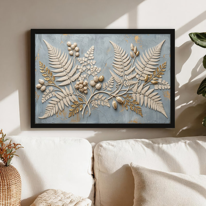 Toile noire encadrée en bois noir pour salon, chambre à coucher, bureau ou vestibule - décoration murale décorative avec fougère et gland