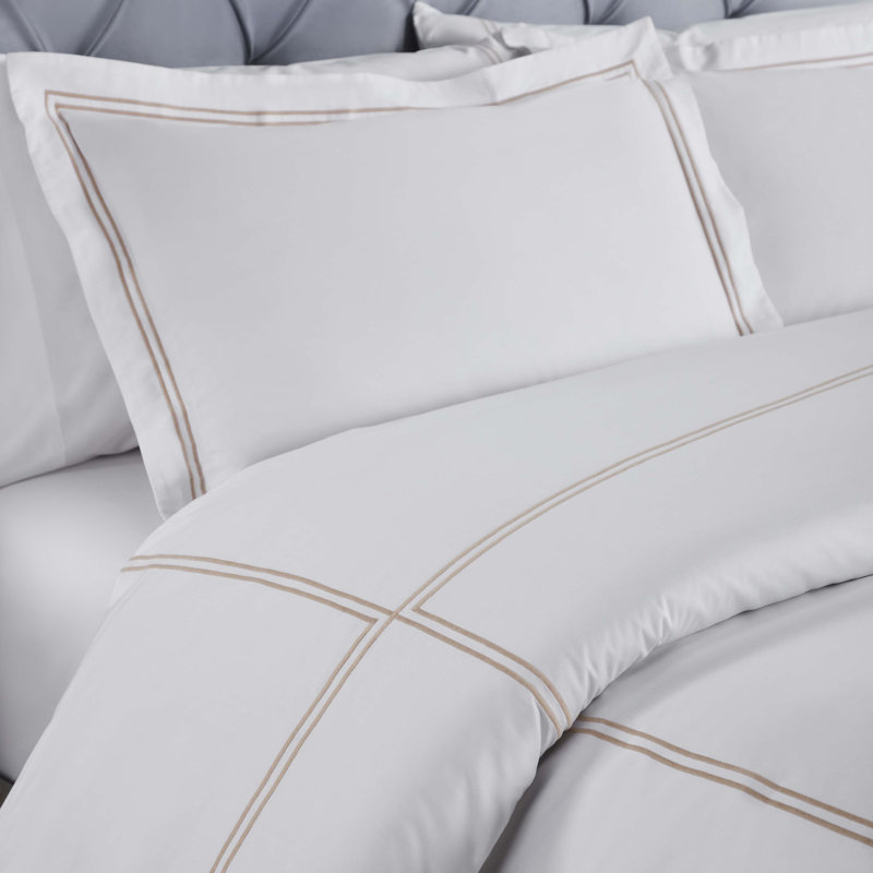 Full/Queen White and Taupe Cotton Embroidered Duvet Cover Set