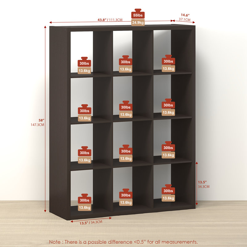 12-Cube Bookcase, Thick Frame, White, White, (12 Shelves) 57.95" H x 43.78" W x 14.57" D