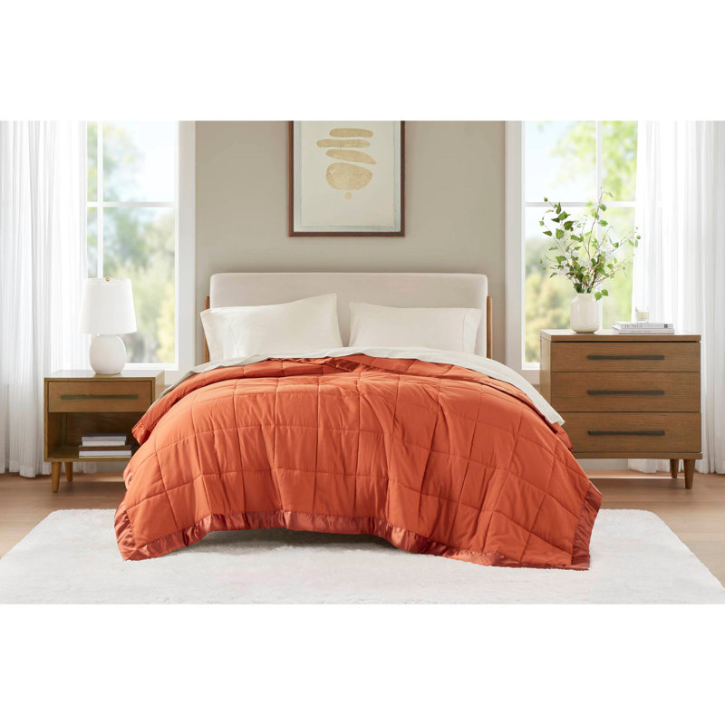1 couverture légère en duvet synthétique avec garniture en satin, Double, Orange