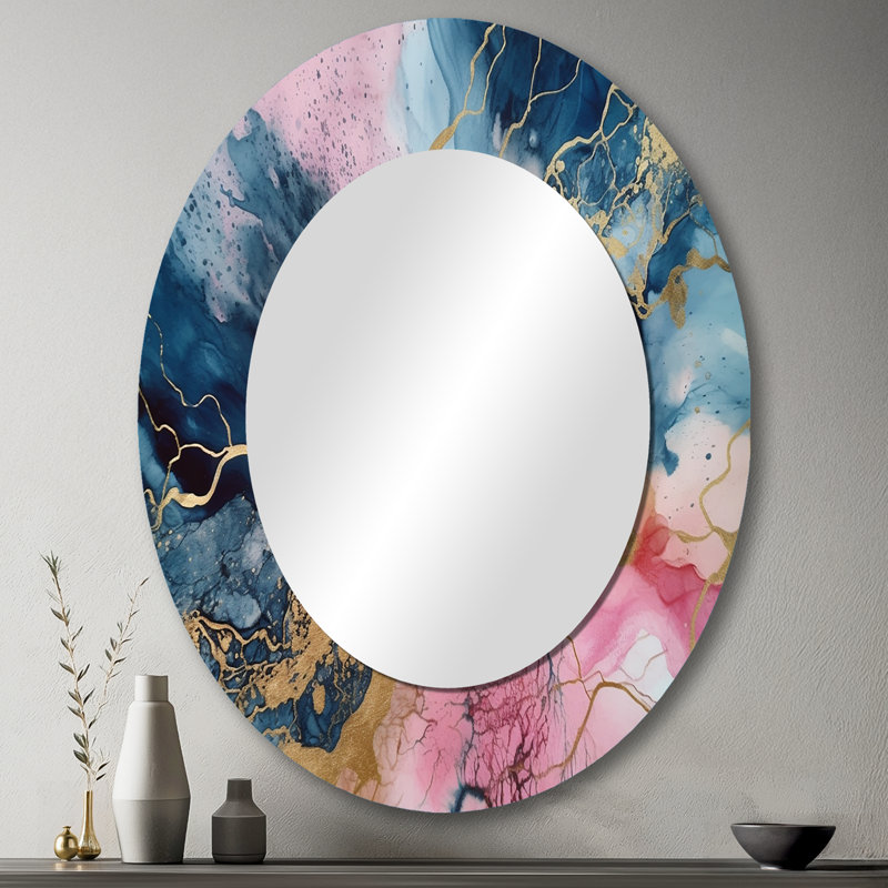 Exploring The Depths Of Pink Geode IV - Abstract Oval Decorative Mirror On Metal, 43" x 33"