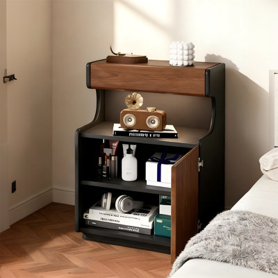 Modern Nightstand with Built-In LED Light, Walnut & Black End Table with Drawer & Cabinet, Smart Bedside Storage for Bedroom