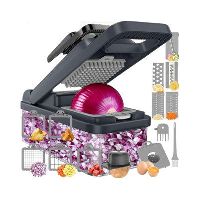 15-in-1 Vegetable Chopper 10 Blades, Veggie Cutter with Handle, Stainless Steel Blades, Food Container and Lid, Dicer, Non-slip Base, Include Cleaning Tools, (Gray)