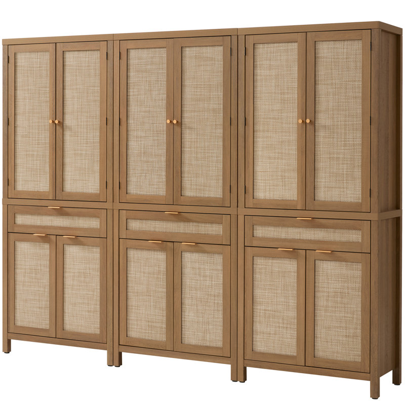 72.1''H Bohemian Rattan Panel Storage Cabinet With Adjustable Shelves, Caramel Oak