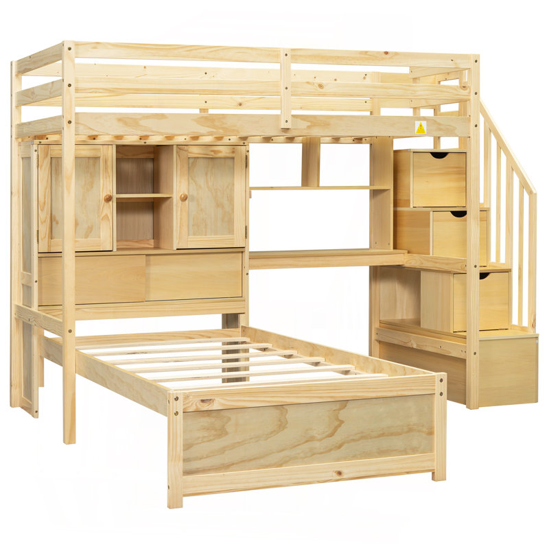 Lit mezzanine simple au-dessus de simple avec bureau intégré et escalier