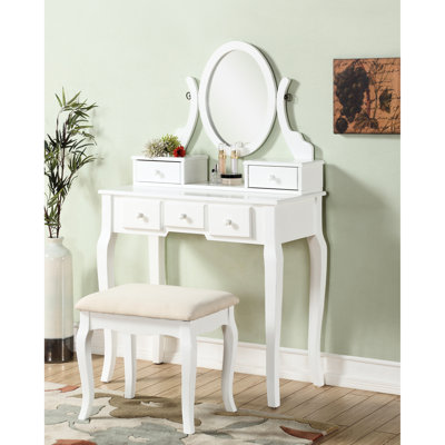 Table de coiffeuse en bois et fauteuil, blanc - 5 tiroirs et miroir ovale réglable pour le rangement des produits cosmétiques