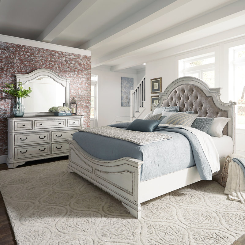 Colchester King Upholstered Bed, Dresser & Mirror Bedroom Set - Antique White, King, Antique White