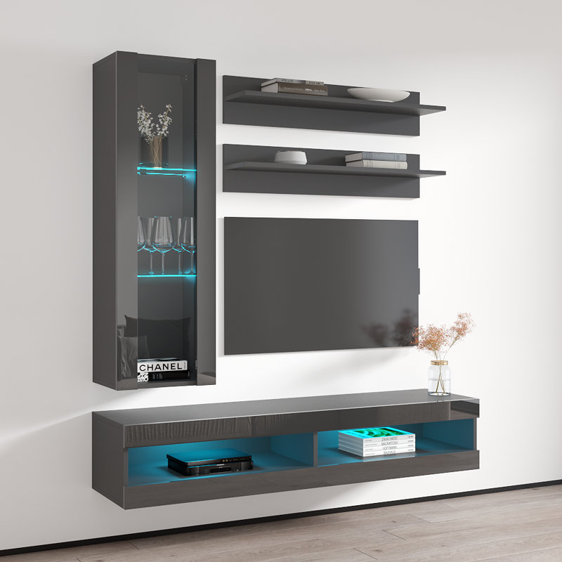 Lieb 63" Modern Floating Wall Mounted Entertainment Center with 16-Color LED Lighting, High Gloss Finish, Gray