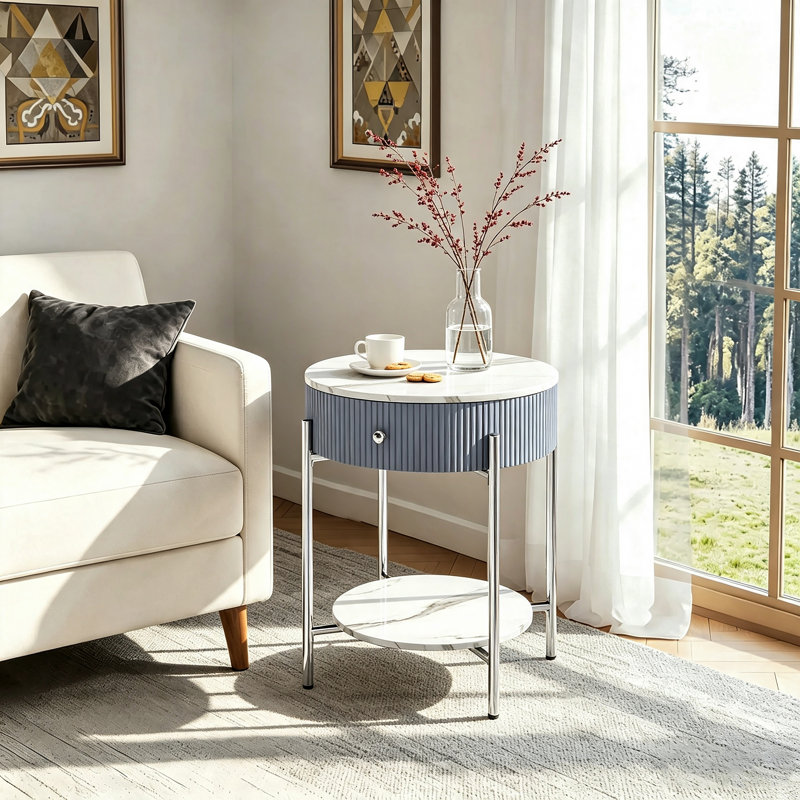 Woodville Side Table with Storage, Chrome, Calacatta White