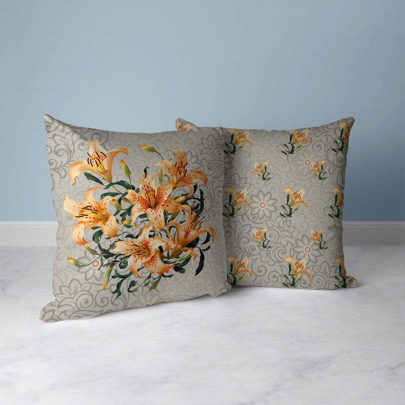 Coussin Enchanted Lily Affair Broadcloth, H 20 po x l 20 po, Vert / orange / gris