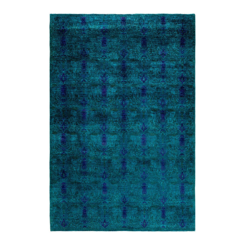 Tapis unique bleu / vert / bleu marine de 6 pi 2 po x 9 pi 1 po Overdyed