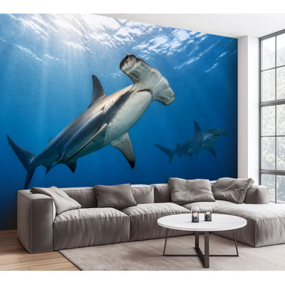 Wall Mural Peel and Stick Wallpaper Hammerhead shark Sphyrnidae swimming tropical underwaters 3d rendering Self-Adhesive Removable Contact Paper Wall Decor for Living Room Bedroom 100"H x 144"W