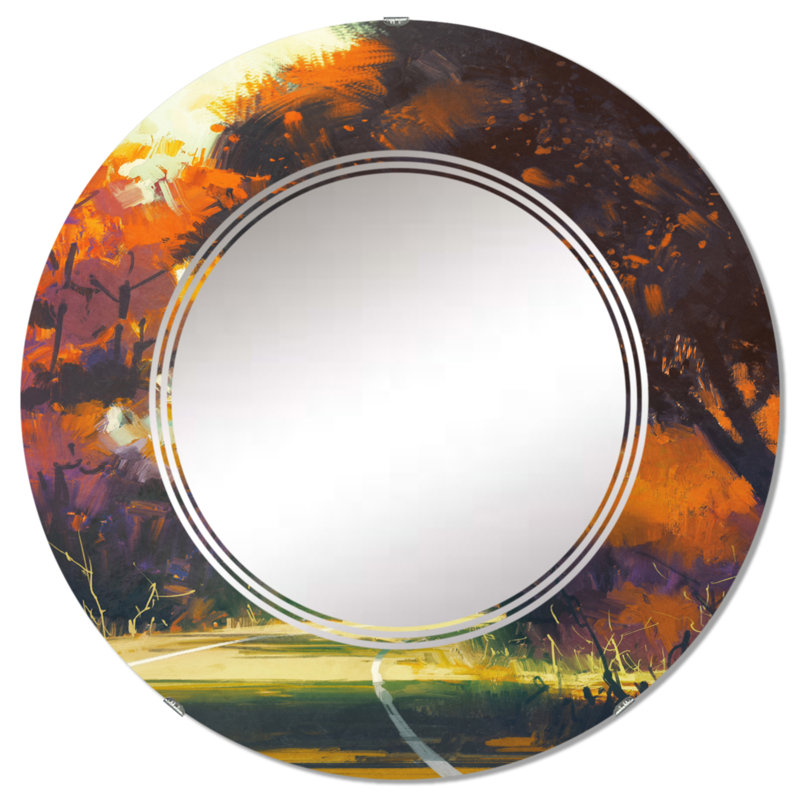 Road in Autumn Forest - Miroir mural traditionnel rond, 24 po x 24 po