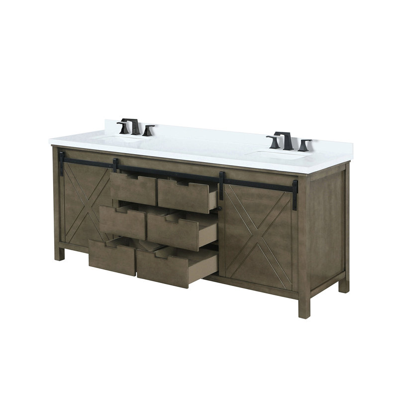 Meuble-lavabo double rustique brun 84 po Large avec 22 profondeurs, comptoir en quartz blanc, robinet inclus, tiroirs à fermeture en douceur, deux armoires intérieures, six tiroirs et tablette ouverte pour un rangement abondant,
