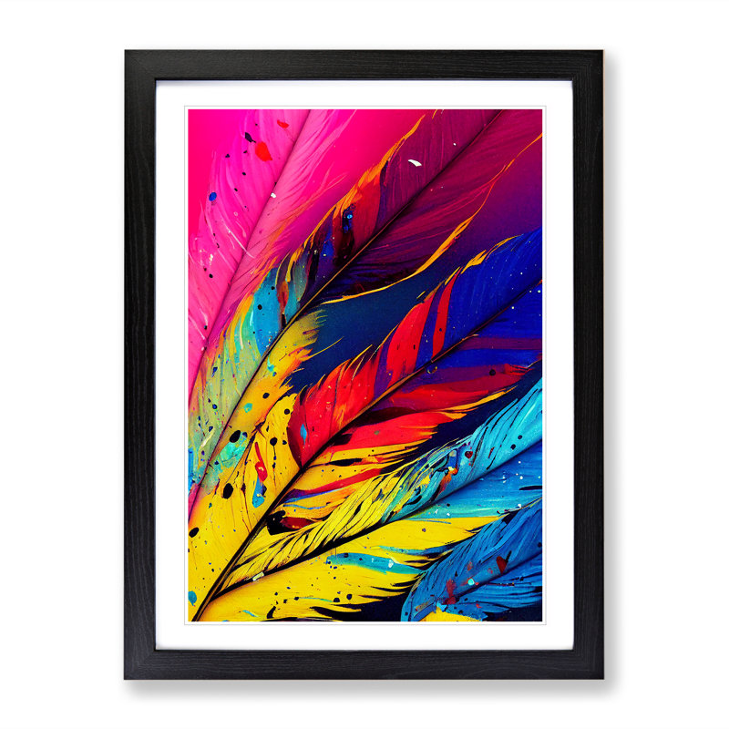 XV1022-4078X Splashed Feathers No.3 Abstract - Print, Black Framed, 66cm H x 48cm W, White