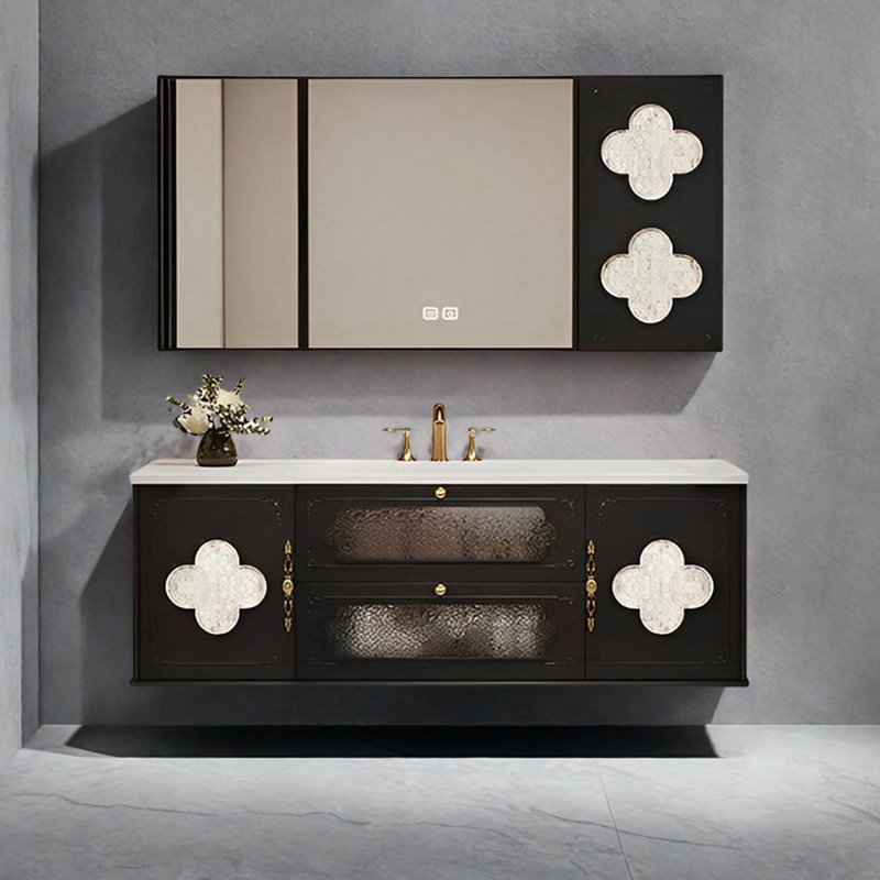 French light luxury style bathroom cabinet, 19.68" H x 55.11" W x 21.65" D, Black