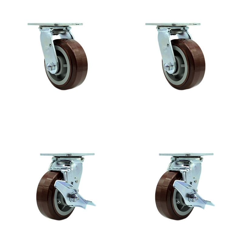 4 Piece Polyurethane Caster Set with Roller Bearings 2 Brakes