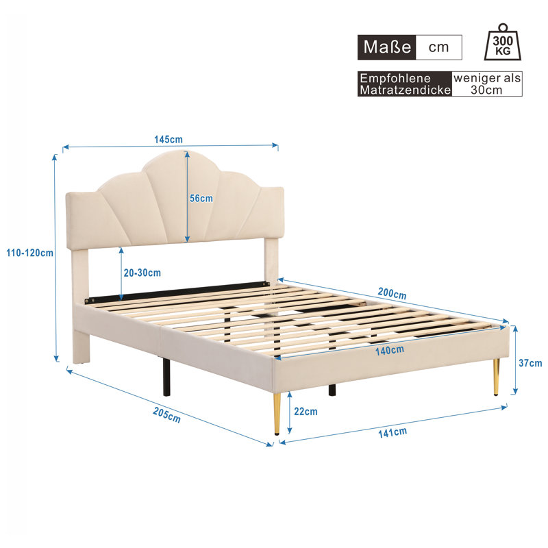 Akershus Upholstered Bed, EU Double - 140 x 200 cm, Beige