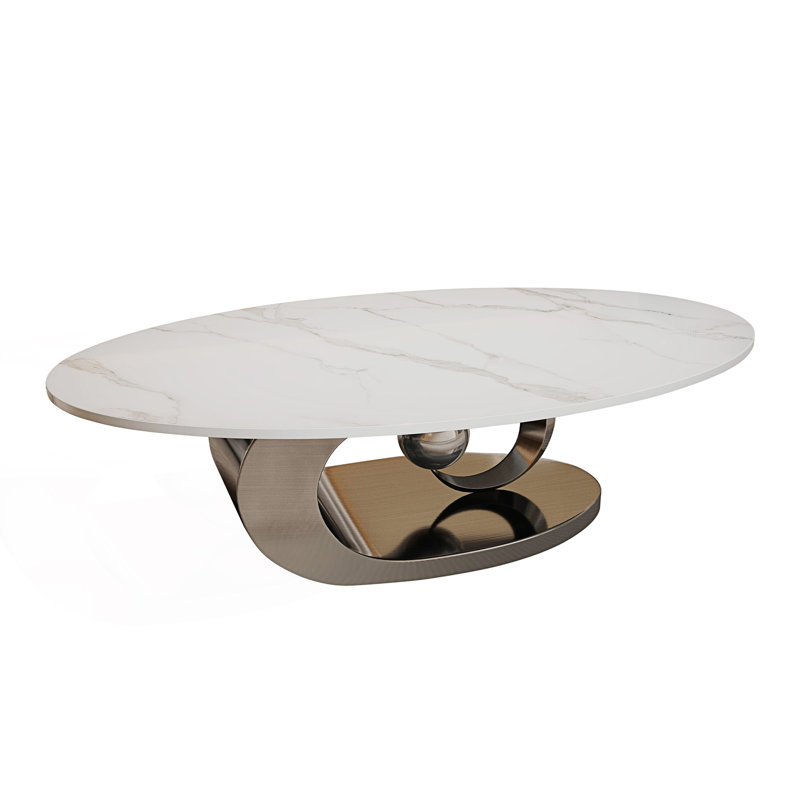 Faux Marble Coffee Table With Sculptural Stainless Steel Base, Center Table, Gray/Silver