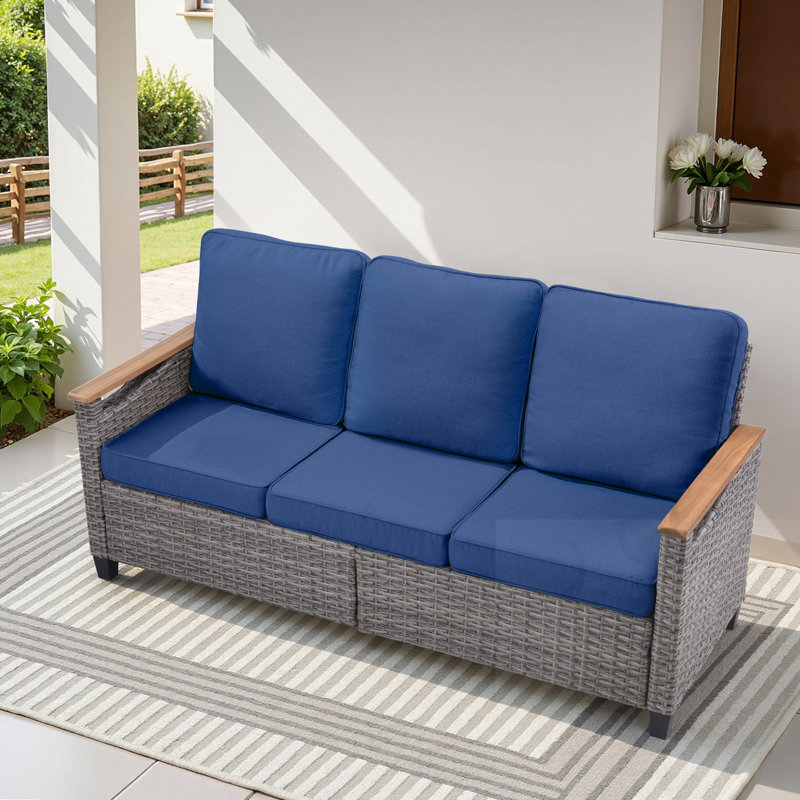 Wicker Patio Sofa With Cushions, Blue