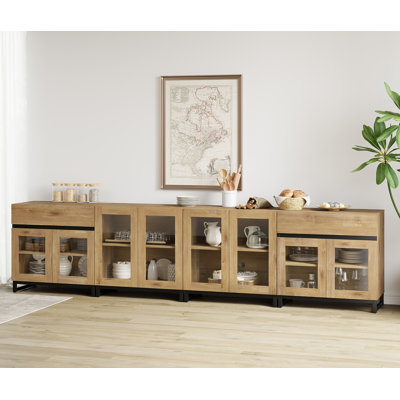 Buffet 4 en 1 multifonctionnel avec portes en verre et 5 tiroirs, crédence moderne avec tablette ajustable et base en métal, armoire à café