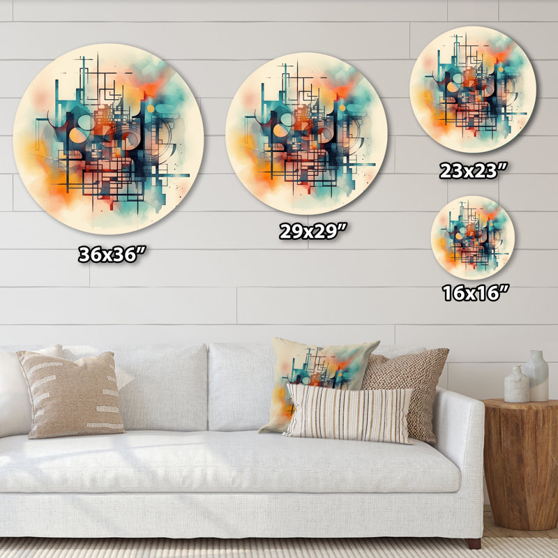 Orange orange, labyrinthe abstrait II - art mural rond abstrait géométrique sur métal, H 16 po x l 16 po x P 1 po