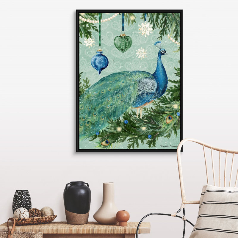 «Holiday Peacock» par Danielle Murray - peinture sur toile tendue, H 41,25 po x l 31,25 po, Cadre noir