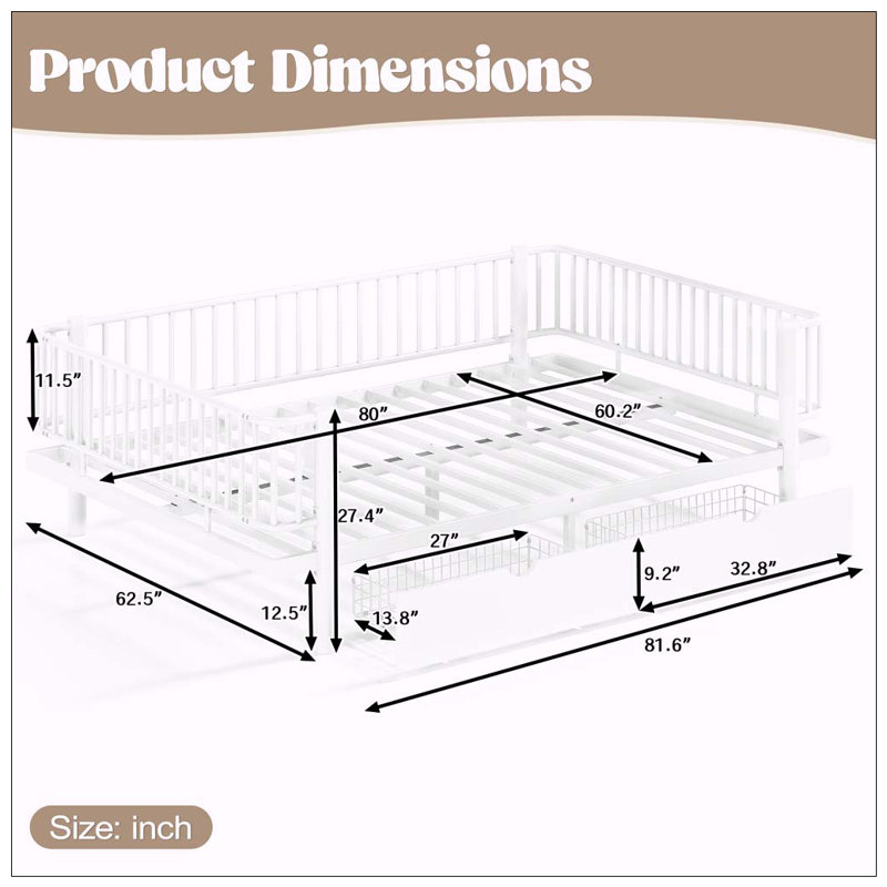 Lit plateforme avec tiroirs de rangement, Queen, Light White