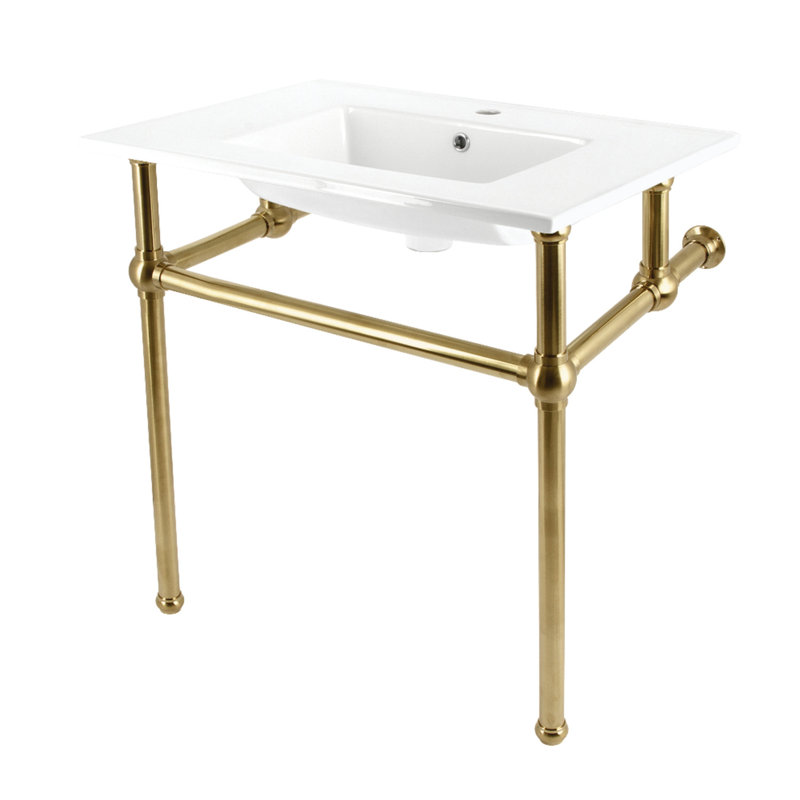 Kingston Brass Templeton 31-Inch Ceramic Console Sink with Brass Legs (1-Hole), White/Brushed Brass