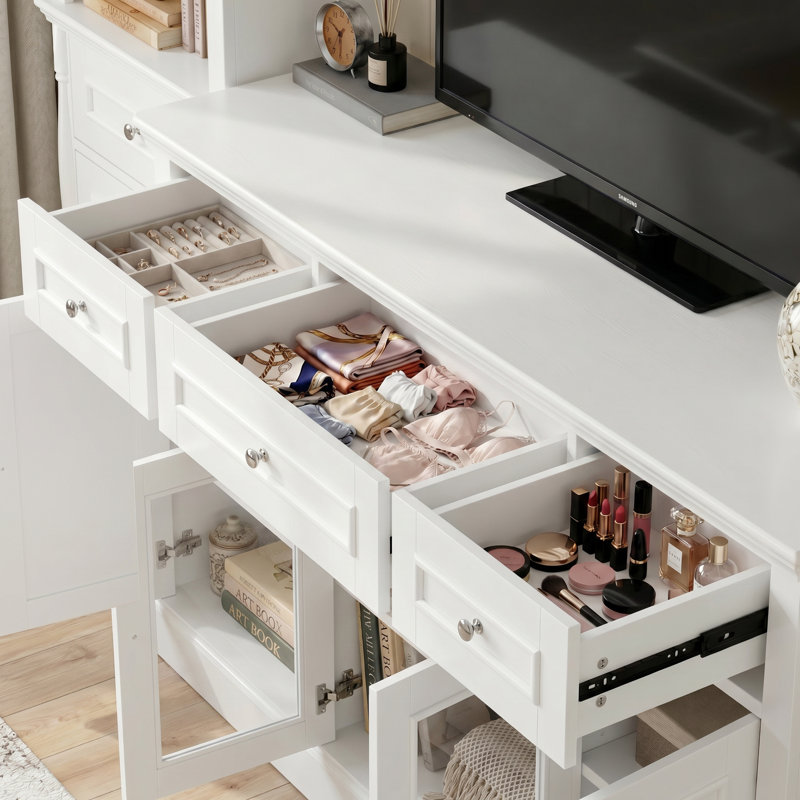 4-Piece Modular Wall Entertainment Centre for TVs up to 55" with Storage Towers, Bridge & 5 Drawers, White