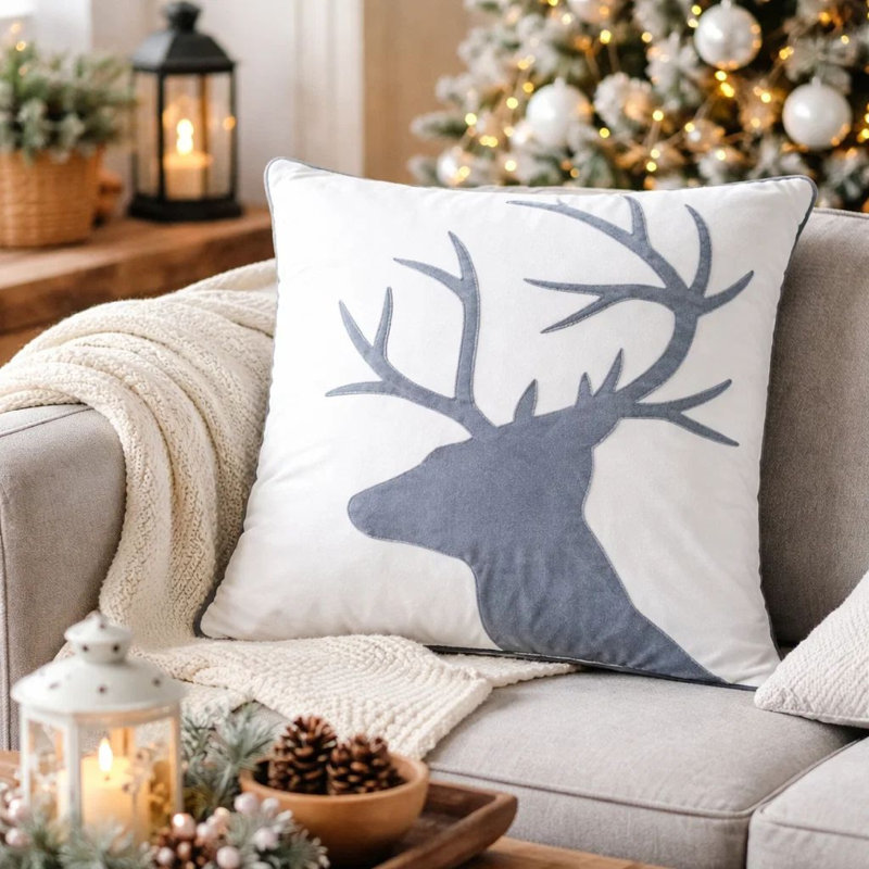 Housse de coussin Holiday Holiday, velours renne blanc et gris, carré de 20 pouces