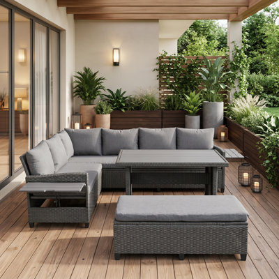 5-Piece L-Shaped Wicker Patio Sectional Sofa Set with Lift-Up Side Tables, Dining Table and Bench, Gray