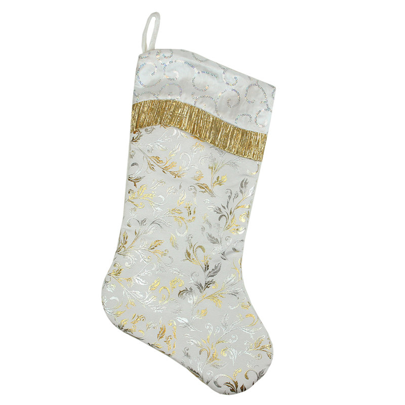 Manchette 20,5 "en satin blanc avec bas de Noël orné de paillettes