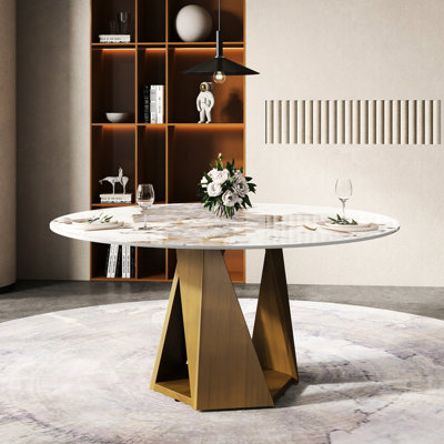 Table de salle à manger 57,4 po en blanc, avec base en métal bronze robuste et surface en pierre frittée, forme ronde pour 6 à 8 personnes, fer stable à la chaleur résistant aux égratignures, facile à laver